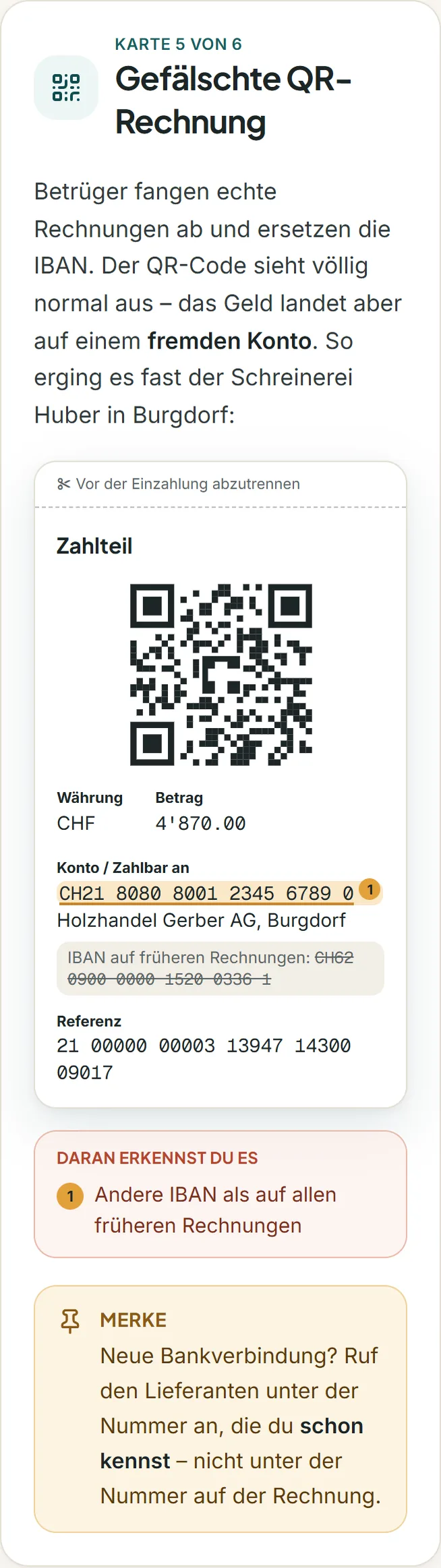 Lernkarte «QR-Rechnung mit geänderter IBAN» mit nummerierten Warnsignalen